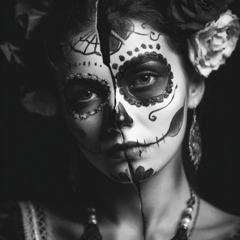 A beautiful woman wearing day of the dead makeup, her head is made of porcelain and has broken down