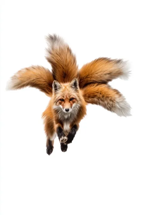 A full-bodied, realistic fox with five tails in a jumping pose