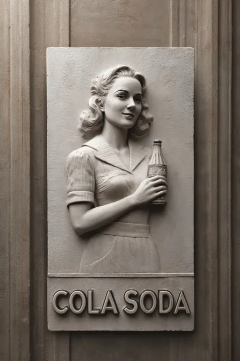 Bas-relief on a rectangular stone plate. vintage sign of a of a woman holding a bottle of soda. on t
