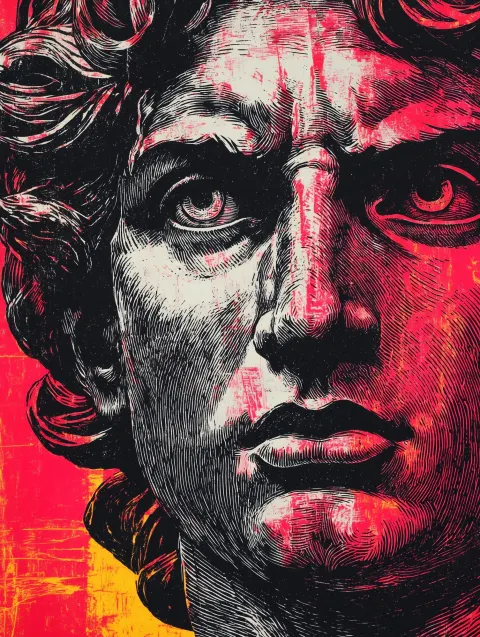 Alexander the Great, conquered the world before 30, intense aggressive expression, piercing eyes