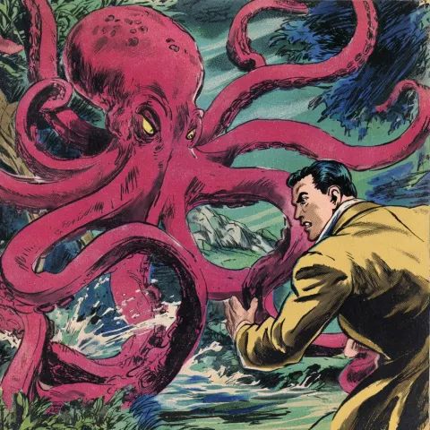 Violent octopus, 1950s comic book style