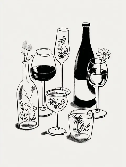 Painting of wine glasses and bottles, the glasses and bottle have little colorful flowers and doodle
