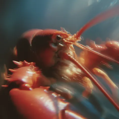 A red lobster, long exposure 2s shutter, heavy handheld camera shake, dragged shutter streaking