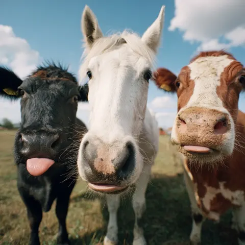 Real photo, a white horse and two cows, one black and one brown, showing their tongues