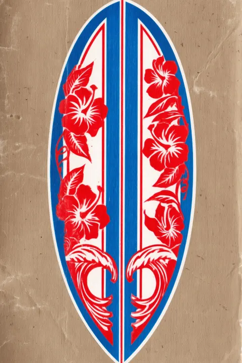 Retro surf shop window card illustration, hand-drawn longboard with decorative pin striping