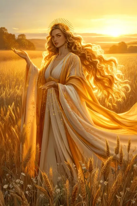 Divine goddess of summer and radiant abundance, standing in a vast sunlit field of tall golden wheat