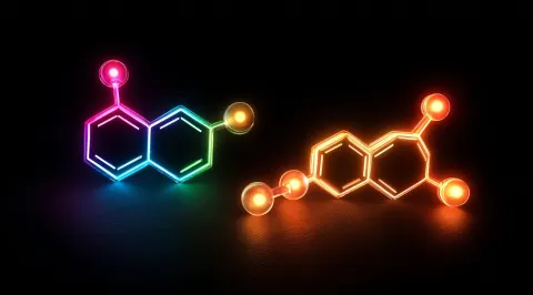 Kerosine molecule and a dopamine molecule, neon rainbow colors, dark background