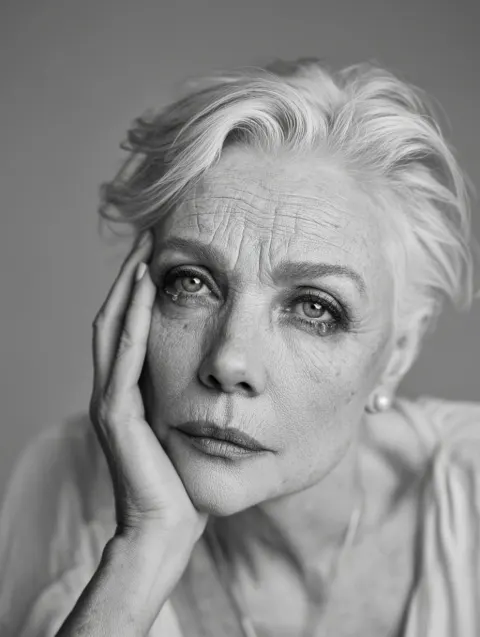 Close-up black and white portrait of a sad, elderly woman with elegant silver hair styled neatly