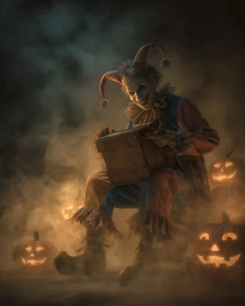 A mysterious jester figure in a dark, swirling fog holds a tarnished jack-in-the-box
