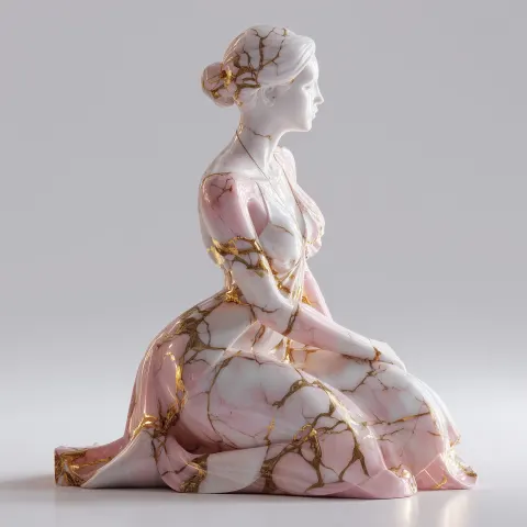 A beautiful, graceful female figurine made of pink marble with gold veins, in an elegant dress
