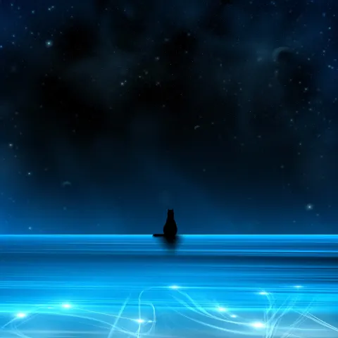 A serene comforting digital art illustration, depicting a distinct matte black cat silhouette sittin