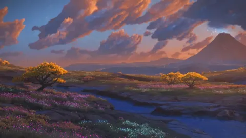 Alien landscape at twilight. Heavy wind drives a storm of glowing orange bioluminescent dust and ash