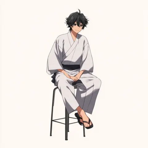 A full body long-haired teenage boy wearing a yukata, sitting on a tall chair, high stool
