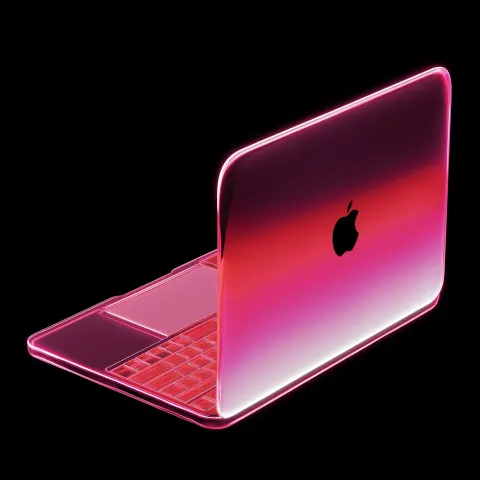 3D render laptop, glass texture, front view, semi-translucent, smooth rounded edges, soft shadows