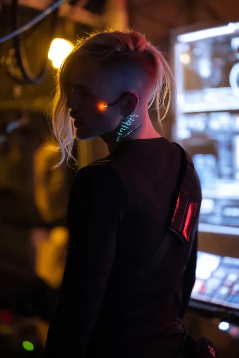 Cinematic scene of a rebellious scifi courier having a heated conversation with someone offscreen