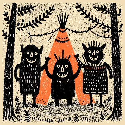T-shirt graphic, orcs and elves welcoming newcomers into a glowing forest camp