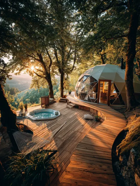 Luxury geodesic dome glamping in France, panoramic view, wooden deck with jacuzzi and hammock net