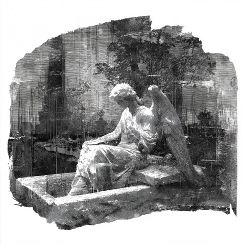 Vintage clipart for scrapbooking, a vintage angel statue sitting on an open grave in a cemetery at n