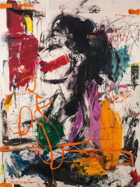 An abstract painting of a female dancer with red kiss lips