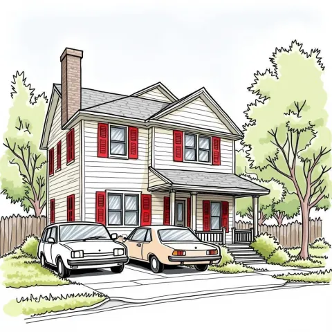 Whiteboard Bungalow With Red Shutters and Porch
