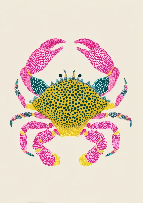 A cute pink, in coastal yellow and teal crab, in the style of yayoi kusama's abstract art on a white
