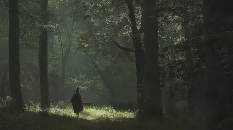A witch walking inside a forest