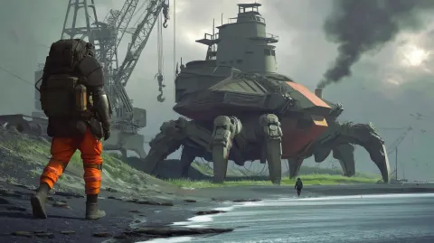Explorer Meeting a Giant Mechanical Crab