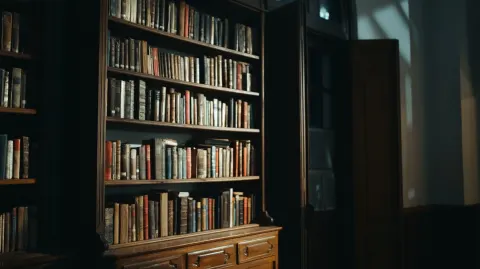A dimly lit room with two tall wooden bookshelves filled to the brim