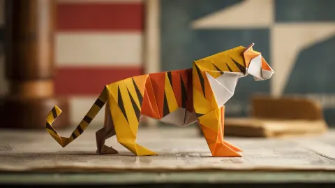 A tiger made our of paper (oregami even) on a table. There is also the nato flag on the same table