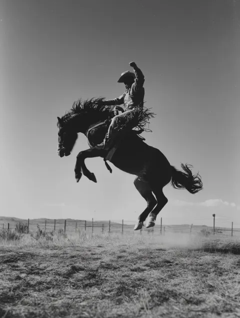 A cowboy on horseback, facing the camera and throwing his hat in mid-air while riding a bucking bron