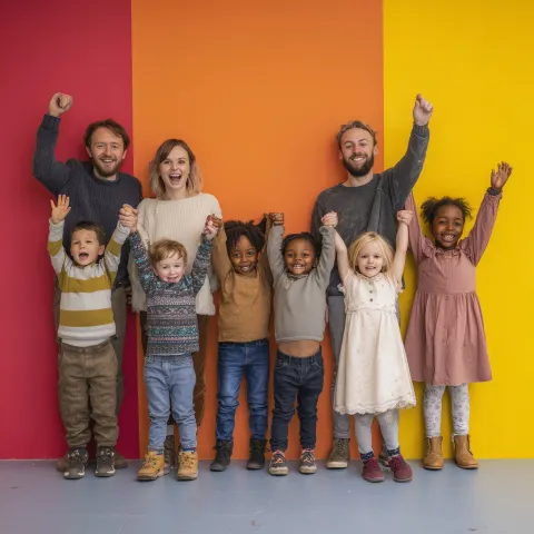 8 kids aged 2 to 7, with different heights and 2 female adults and 2 male adults, all excited