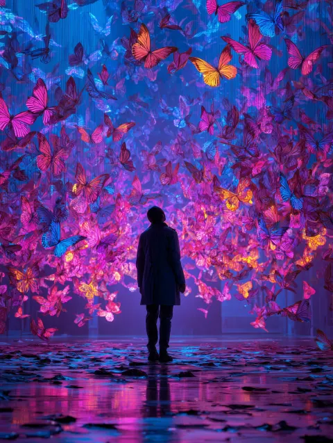 Surreal transformation, human dissolving into thousands of glowing butterflies in neon pink
