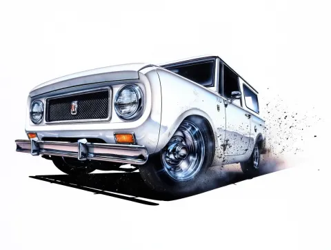 Side 3/4 view of a hyper-detailed airbrushed illustration of a 1969 International Scout with metalli