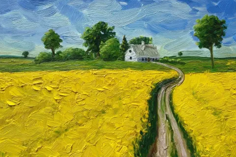 Very abstract oil painting, a vibrant yellow rapeseed field in Skåne, Sweden