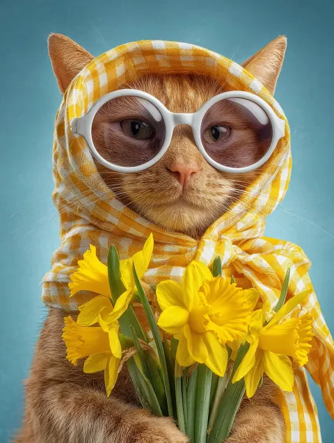 A funny ginger cat wearing white sunglasses and a yellow gingham headscarf