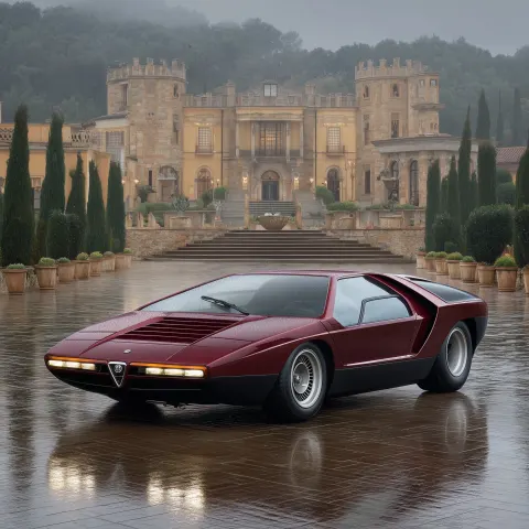 Photo of an Alfa Romeo Carabo in front of a luxurious villa