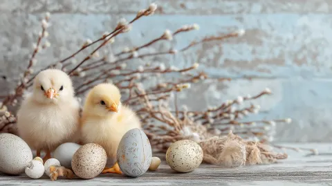 An easter background with chicks and eggs, stock imagery