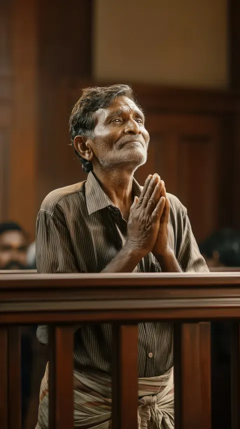 Cinematic medium shot inside an Indian courtroom, warm amber lighting
