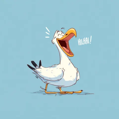 A cartoon seagull dying from laughter, comic, hilarious