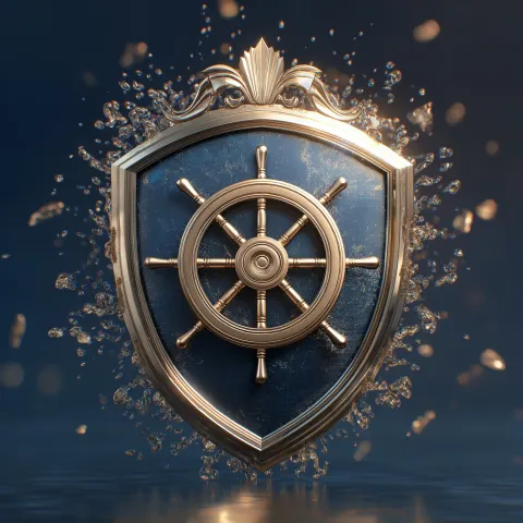 Luxury corporate emblem logo, metallic shield crest, highly detailed 3D render