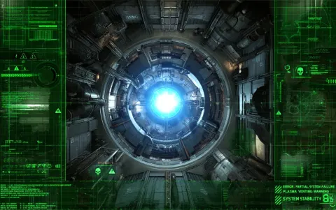 Top-down tactical battlemap of a plasma reactor core inside a grimdark sci-fi research station
