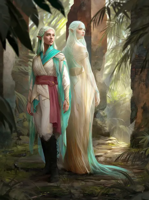 Full body dual composition of an elf woman and her hesperid nymph eidolon in jungle ruins