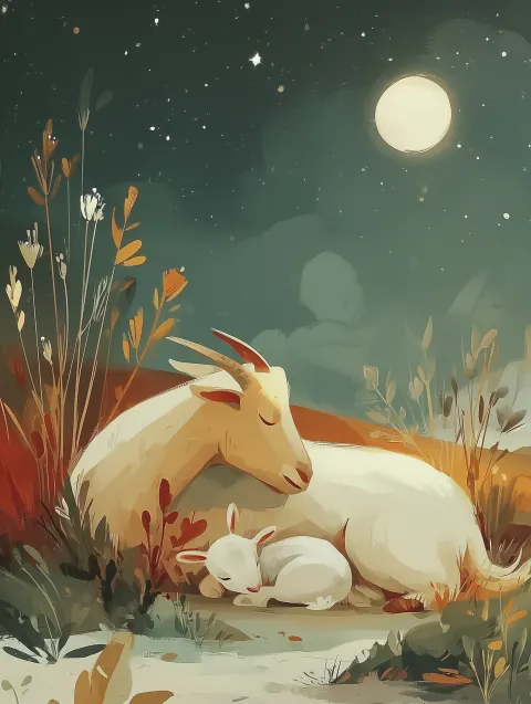 Illustration of a peaceful night scene, a mother goat sleeping beside her little kid