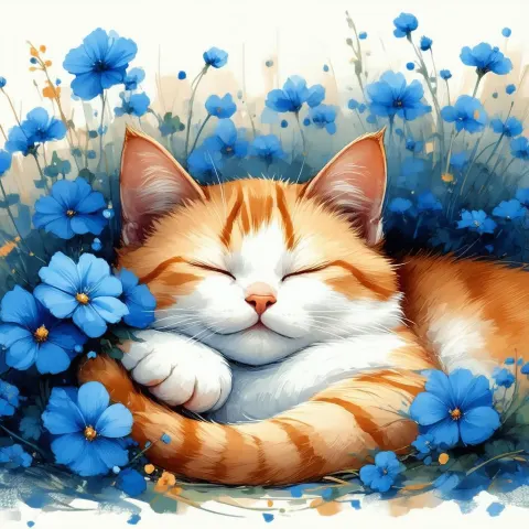 Sleeping Orange Cat in Blue Flower Fields