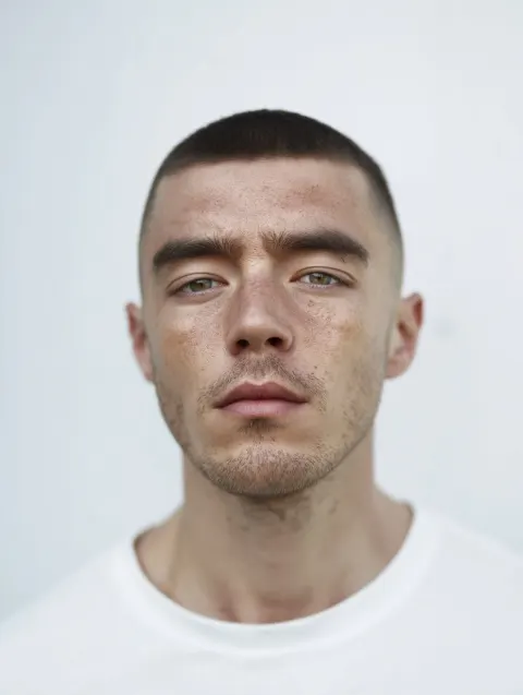 Portrait of a 25-30 year old european man, short natural hair, light stubble