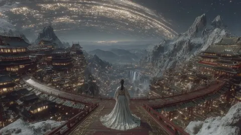 Photographic film still, epic cinematic shot, a tiny figure of a woman in Song dynasty Hanfu stands
