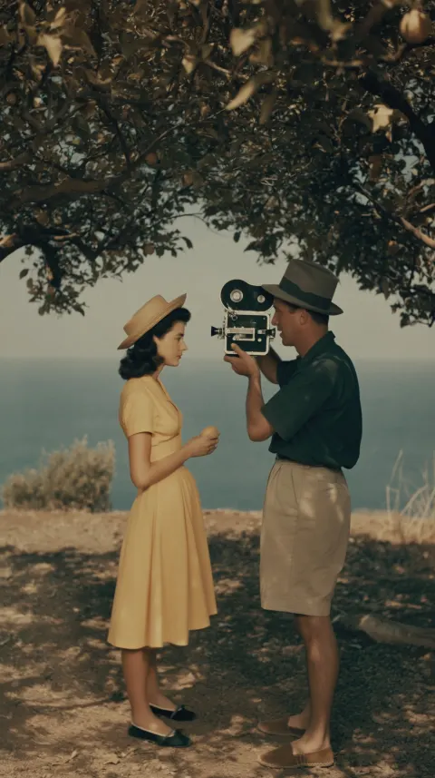 1950s live-action film still, real photography, two people standing face to face under a lemon tree