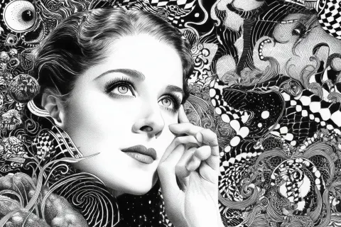 High-quality, realistic view of a Norma Shearer line drawing, pen-ink, Trompe-l'œil perspective