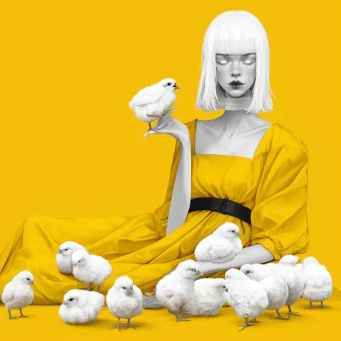 Black chicks come out of its mouth , an woman with white hair, white skin, white eyes, full lips
