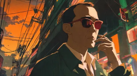 Anim manga man. Retro-futurism, neo-noir aesthetics, Western visual tone, cyberpunk elements